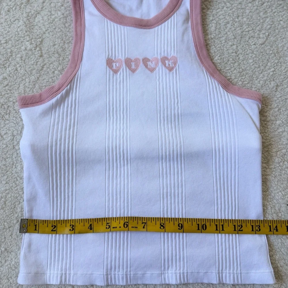 Victoria’s Secret PINK White Ribbed Tank Top with Pink Trim and Heart Embroidery